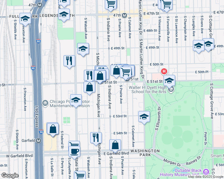 map of restaurants, bars, coffee shops, grocery stores, and more near 5123 South Indiana Avenue in Chicago