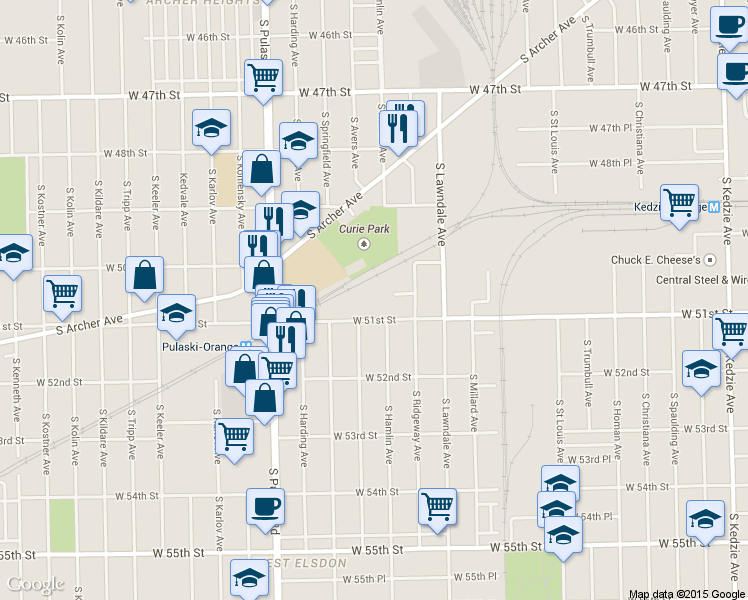 map of restaurants, bars, coffee shops, grocery stores, and more near 3800 W 51st St in Chicago