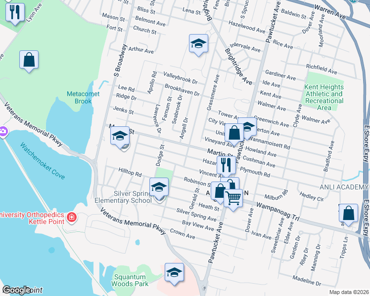 map of restaurants, bars, coffee shops, grocery stores, and more near 12 Angell Drive in East Providence