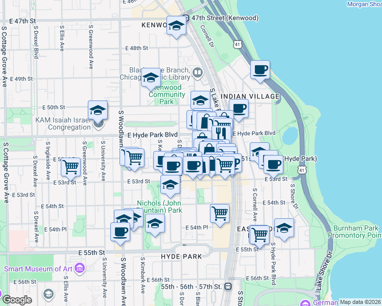 map of restaurants, bars, coffee shops, grocery stores, and more near 5118 South Blackstone Avenue in Chicago