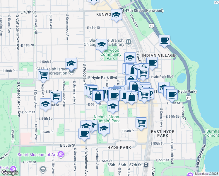 map of restaurants, bars, coffee shops, grocery stores, and more near 5112 South Dorchester Avenue in Chicago