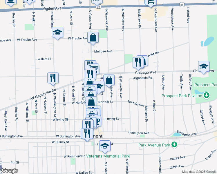map of restaurants, bars, coffee shops, grocery stores, and more near 259 North Linden Avenue in Westmont