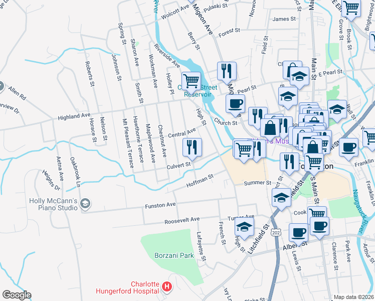 map of restaurants, bars, coffee shops, grocery stores, and more near 126 Washington Avenue in Torrington