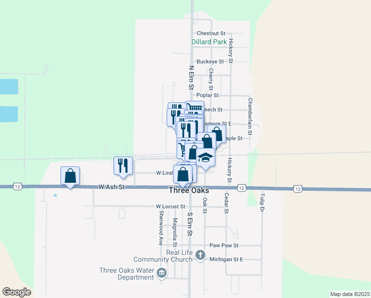 map of restaurants, bars, coffee shops, grocery stores, and more near 3 North Elm Street in Three Oaks