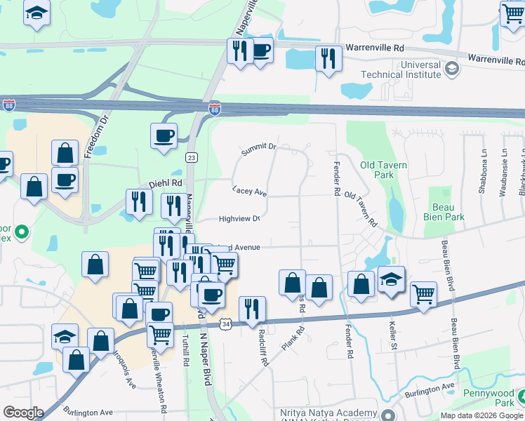 map of restaurants, bars, coffee shops, grocery stores, and more near 200 Highview Drive in Naperville