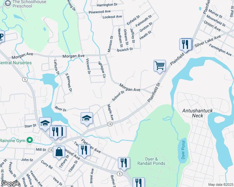 map of restaurants, bars, coffee shops, grocery stores, and more near 80 47 Morgan Avenue in Johnston