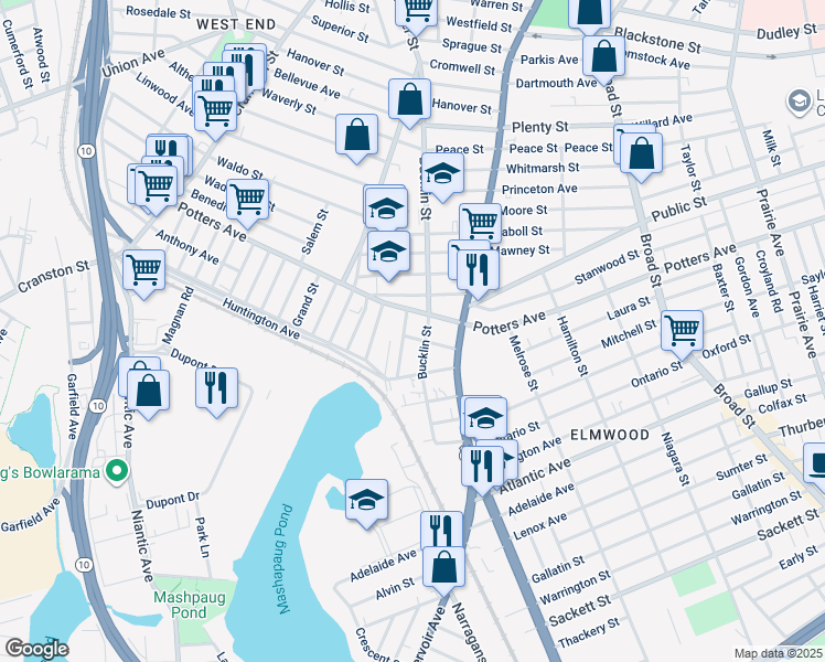 map of restaurants, bars, coffee shops, grocery stores, and more near 573 Potters Avenue in Providence