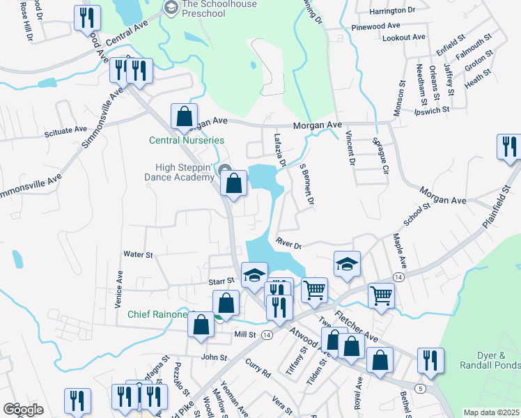 map of restaurants, bars, coffee shops, grocery stores, and more near 20 Park Street in Johnston