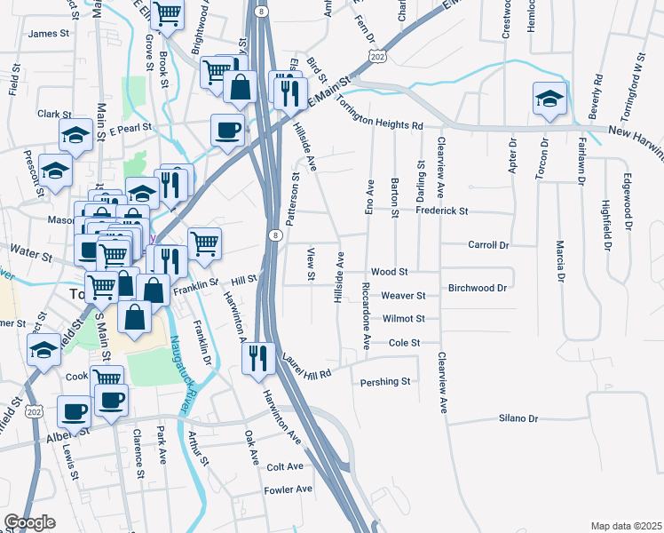 map of restaurants, bars, coffee shops, grocery stores, and more near 250 Hillside Avenue in Torrington