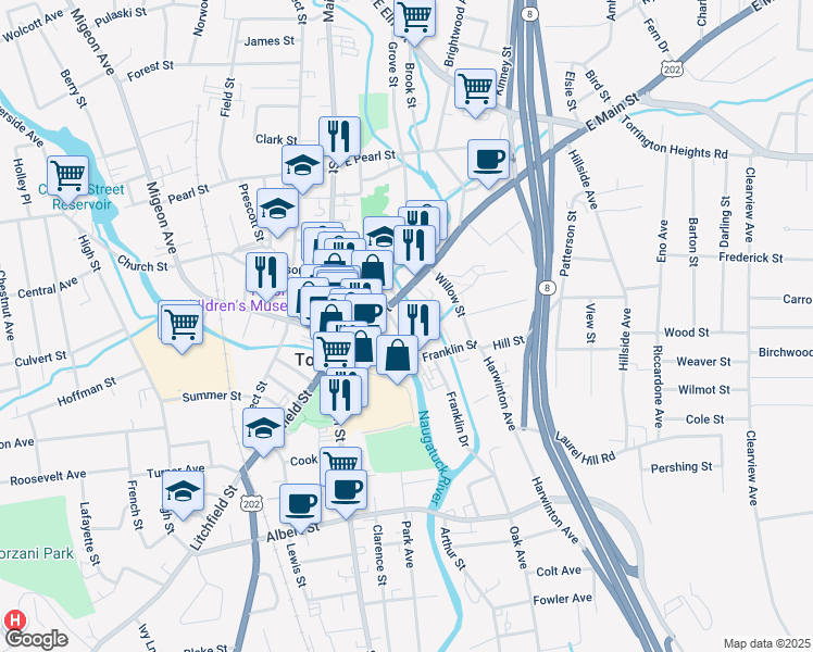 map of restaurants, bars, coffee shops, grocery stores, and more near 109 East Main Street in Torrington