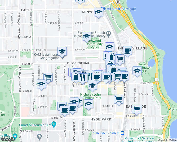 map of restaurants, bars, coffee shops, grocery stores, and more near 5110 South Kenwood Avenue in Chicago