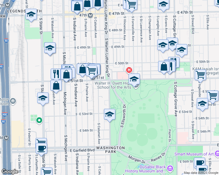 map of restaurants, bars, coffee shops, grocery stores, and more near 5100 South Evans Avenue in Chicago