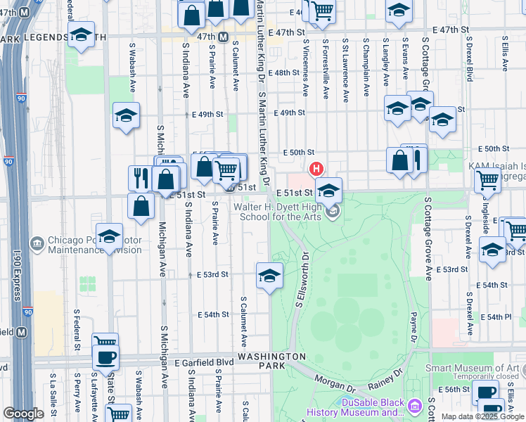 map of restaurants, bars, coffee shops, grocery stores, and more near 5100 South Evans Avenue in Chicago