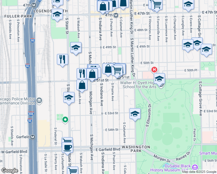 map of restaurants, bars, coffee shops, grocery stores, and more near 239 East 51st Street in Chicago