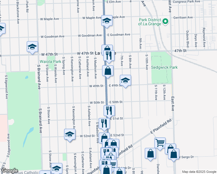 map of restaurants, bars, coffee shops, grocery stores, and more near 636 6th Avenue in La Grange