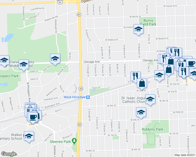 map of restaurants, bars, coffee shops, grocery stores, and more near 37 South Quincy Street in Hinsdale
