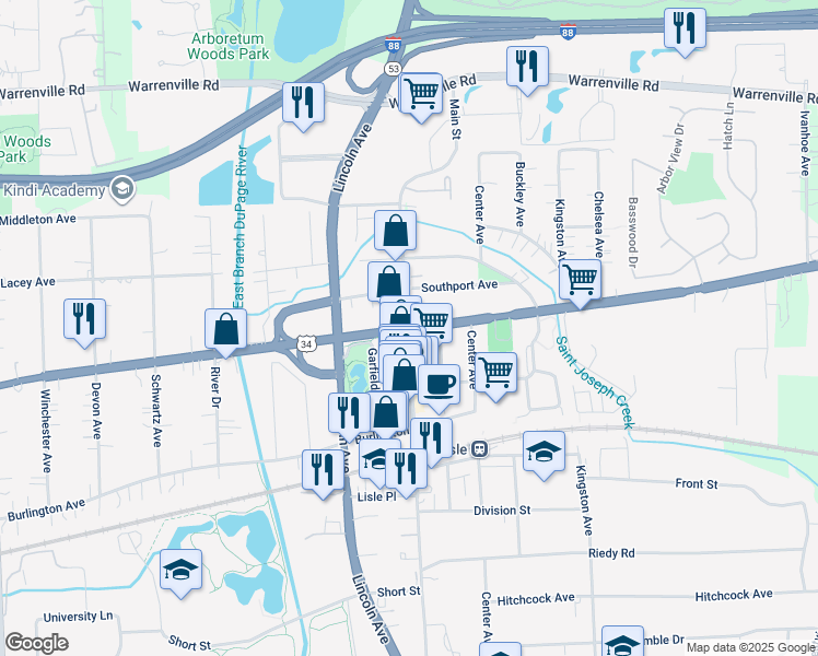map of restaurants, bars, coffee shops, grocery stores, and more near Ogden Ave & Main St in Lisle