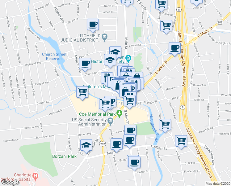 map of restaurants, bars, coffee shops, grocery stores, and more near 49 Water Street in Torrington