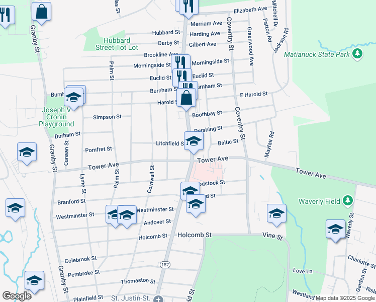 map of restaurants, bars, coffee shops, grocery stores, and more near 541 Blue Hills Avenue in Hartford