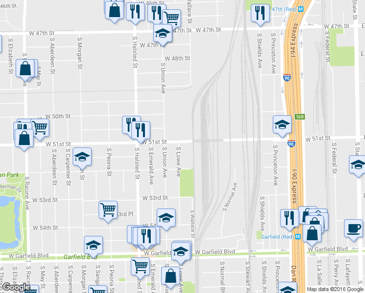 map of restaurants, bars, coffee shops, grocery stores, and more near 5107 South Lowe Avenue in Chicago