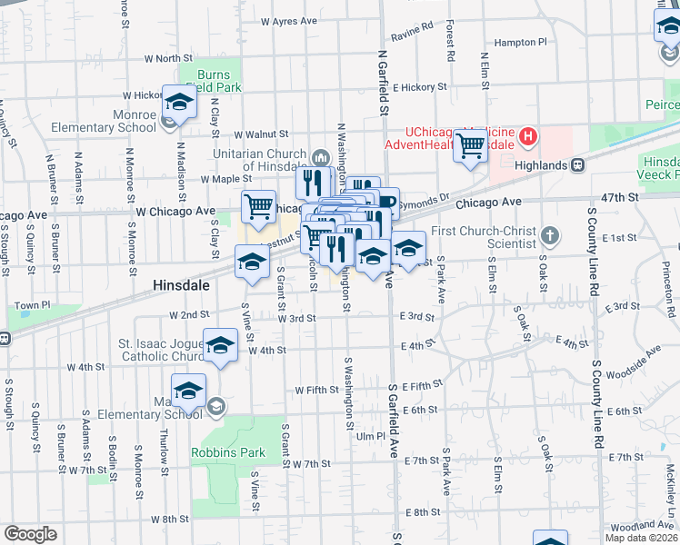 map of restaurants, bars, coffee shops, grocery stores, and more near 44 West Hinsdale Avenue in Hinsdale