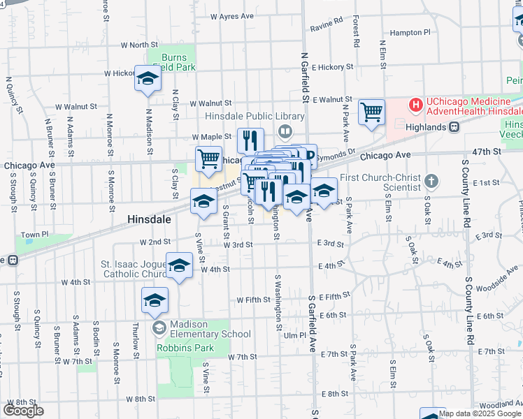 map of restaurants, bars, coffee shops, grocery stores, and more near 44 West Hinsdale Avenue in Hinsdale