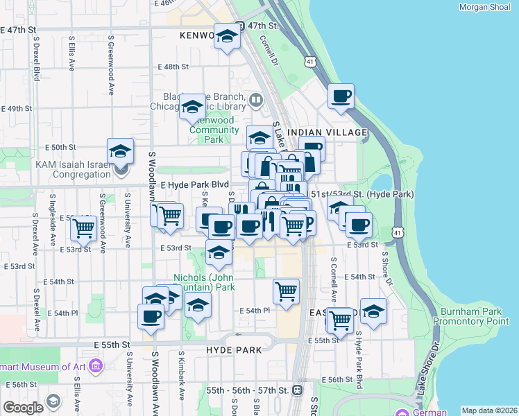 map of restaurants, bars, coffee shops, grocery stores, and more near 5135 South Blackstone Avenue in Chicago