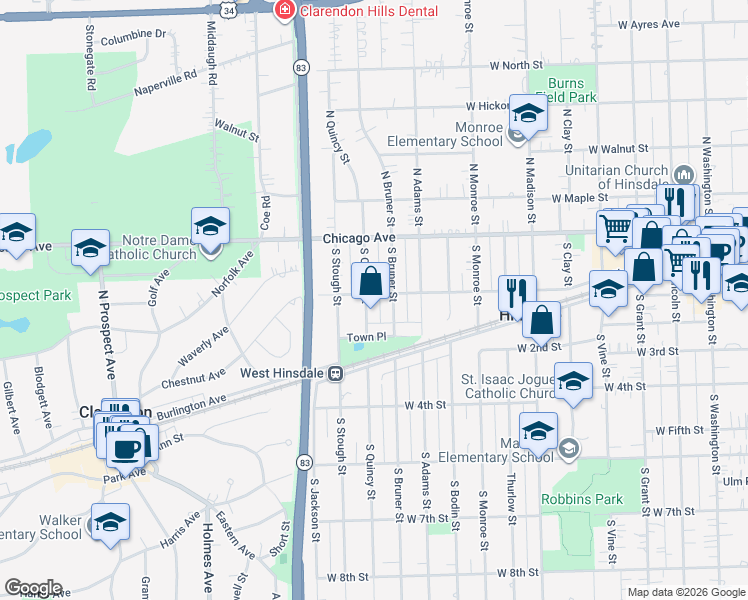 map of restaurants, bars, coffee shops, grocery stores, and more near 37 South Quincy Street in Hinsdale
