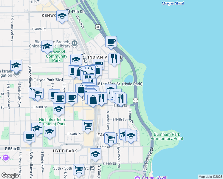 map of restaurants, bars, coffee shops, grocery stores, and more near 5140 South Hyde Park Boulevard in Chicago