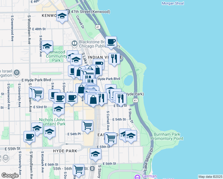 map of restaurants, bars, coffee shops, grocery stores, and more near 5140 South Hyde Park Boulevard in Chicago