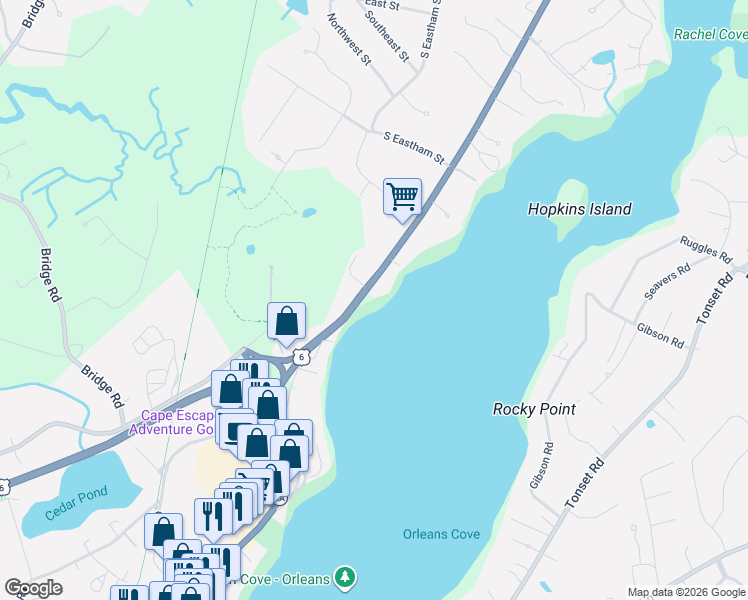 map of restaurants, bars, coffee shops, grocery stores, and more near 345 State Highway in Eastham