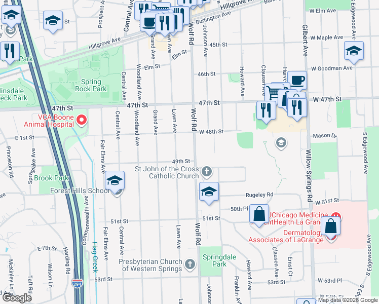 map of restaurants, bars, coffee shops, grocery stores, and more near 4812 Wolf Road in Western Springs