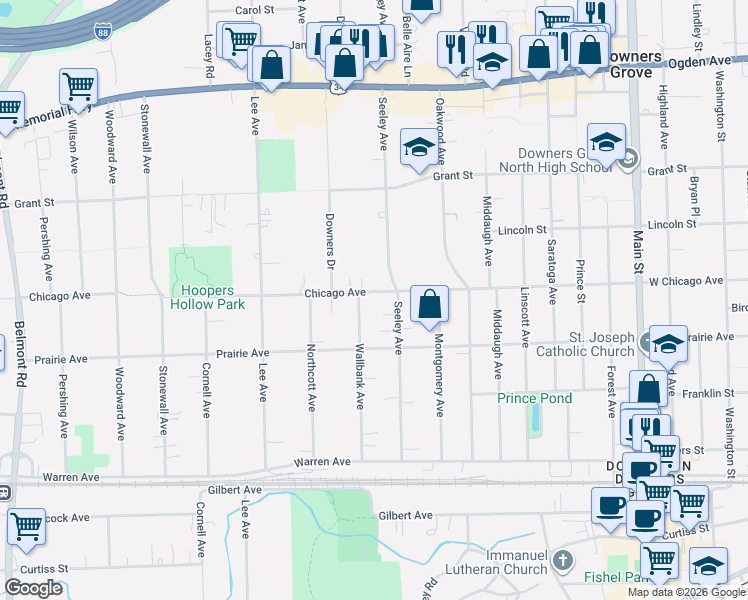 map of restaurants, bars, coffee shops, grocery stores, and more near 4632 Seeley Avenue in Downers Grove