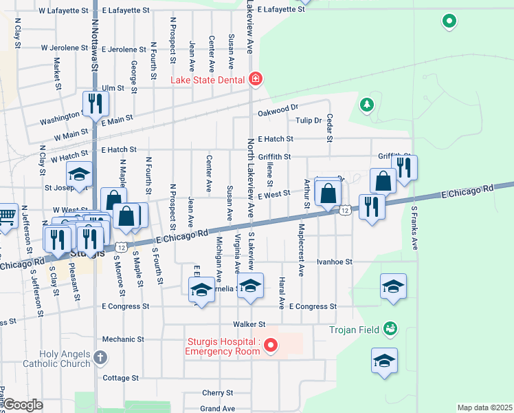 map of restaurants, bars, coffee shops, grocery stores, and more near 68587 Lakeview Road in Sturgis