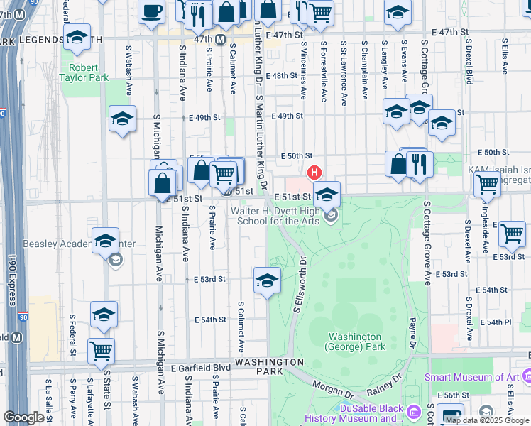 map of restaurants, bars, coffee shops, grocery stores, and more near 5130 S Dr Martin Luther King Jr Dr in Chicago