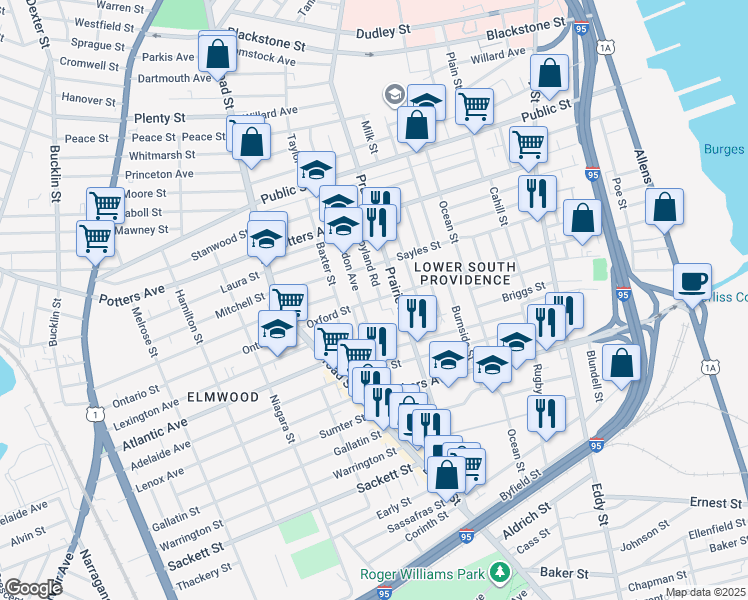 map of restaurants, bars, coffee shops, grocery stores, and more near 251 Oxford Street in Providence