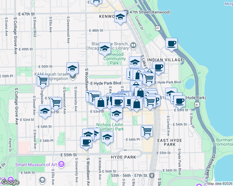 map of restaurants, bars, coffee shops, grocery stores, and more near 5112 South Dorchester Avenue in Chicago