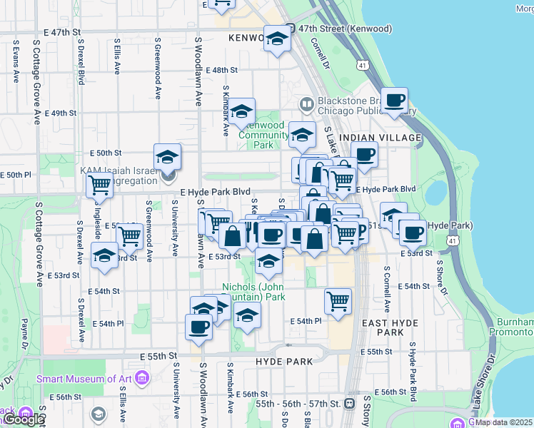 map of restaurants, bars, coffee shops, grocery stores, and more near 5112 South Dorchester Avenue in Chicago