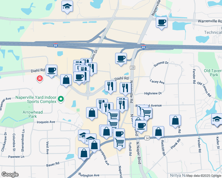 map of restaurants, bars, coffee shops, grocery stores, and more near 1250 East Diehl Road in Naperville