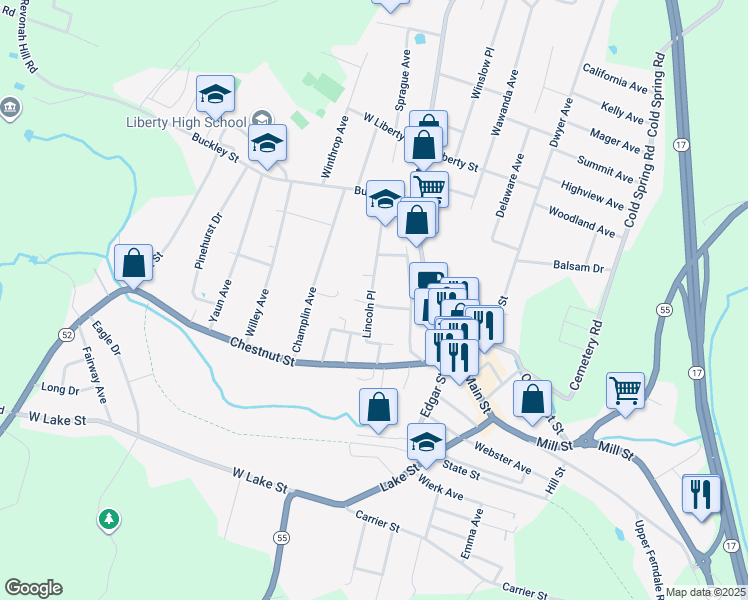 map of restaurants, bars, coffee shops, grocery stores, and more near 84 Lincoln Place in Liberty