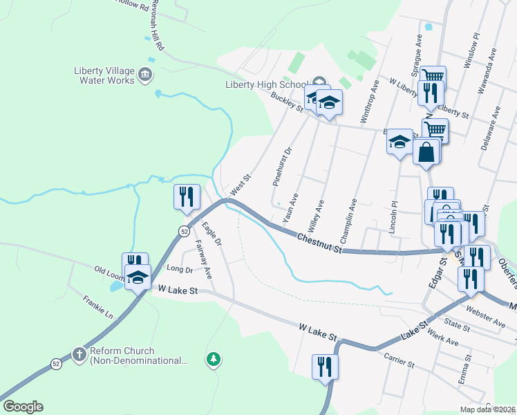 map of restaurants, bars, coffee shops, grocery stores, and more near 287 Chestnut Street in Liberty