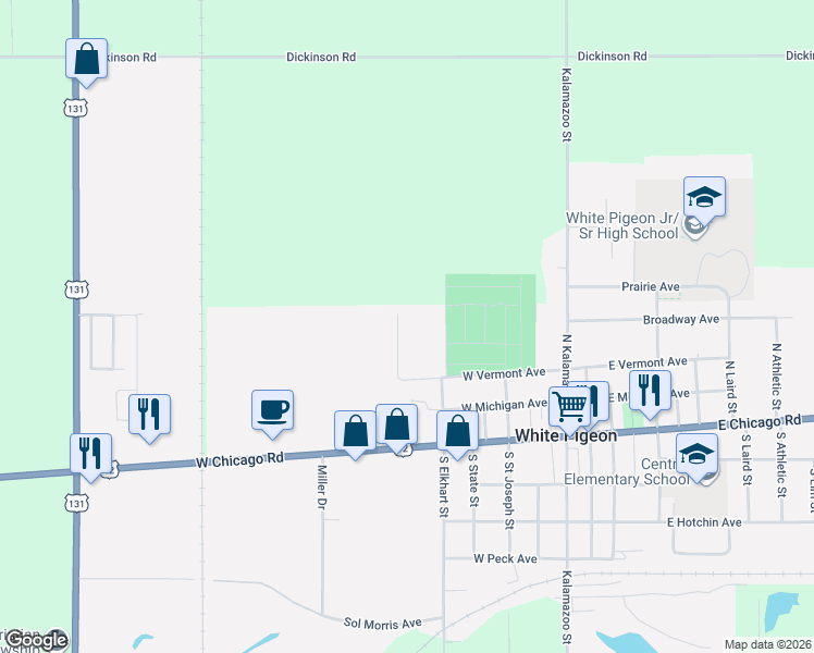 map of restaurants, bars, coffee shops, grocery stores, and more near 115 Mackenzie Street in White Pigeon
