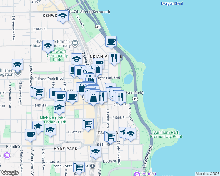 map of restaurants, bars, coffee shops, grocery stores, and more near 5112 South Hyde Park Boulevard in Chicago