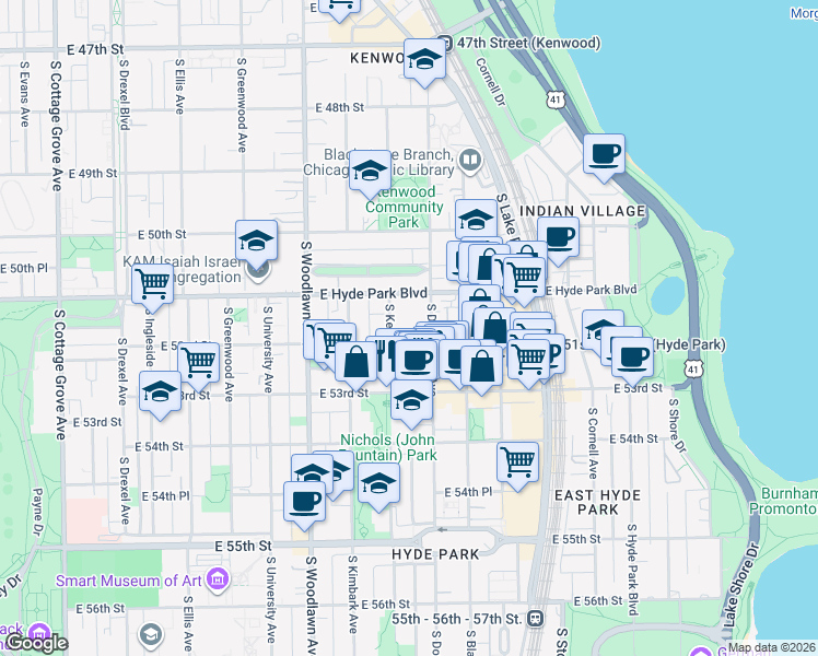 map of restaurants, bars, coffee shops, grocery stores, and more near 5112 South Dorchester Avenue in Chicago