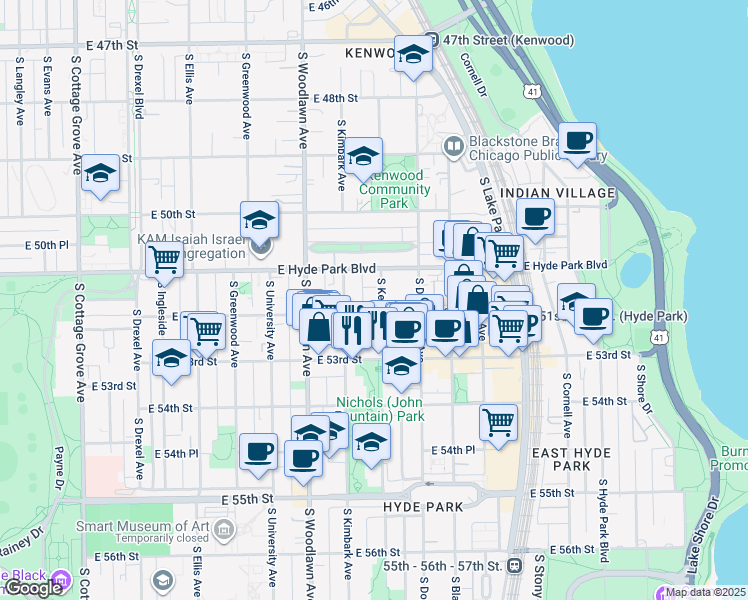map of restaurants, bars, coffee shops, grocery stores, and more near 5110 South Kenwood Avenue in Chicago