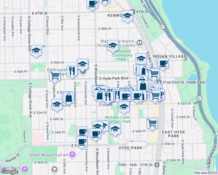 map of restaurants, bars, coffee shops, grocery stores, and more near 1227 East Hyde Park Boulevard in Chicago