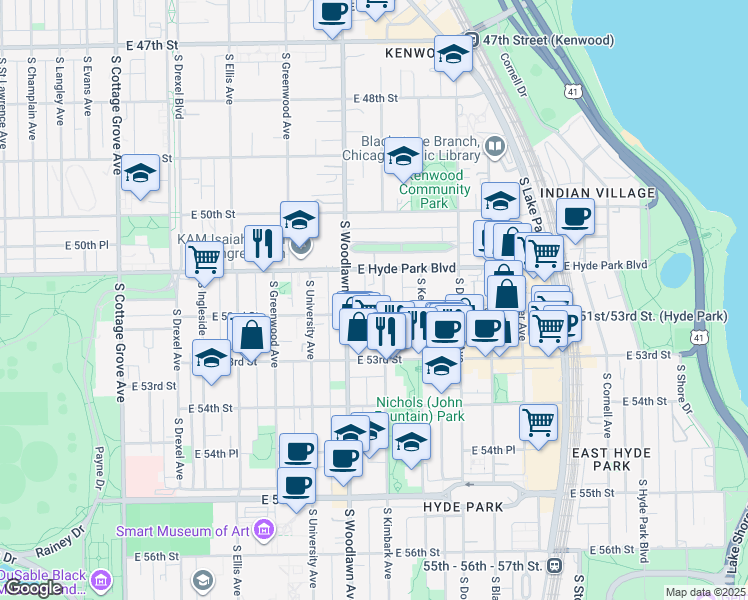 map of restaurants, bars, coffee shops, grocery stores, and more near 1227 East Hyde Park Boulevard in Chicago