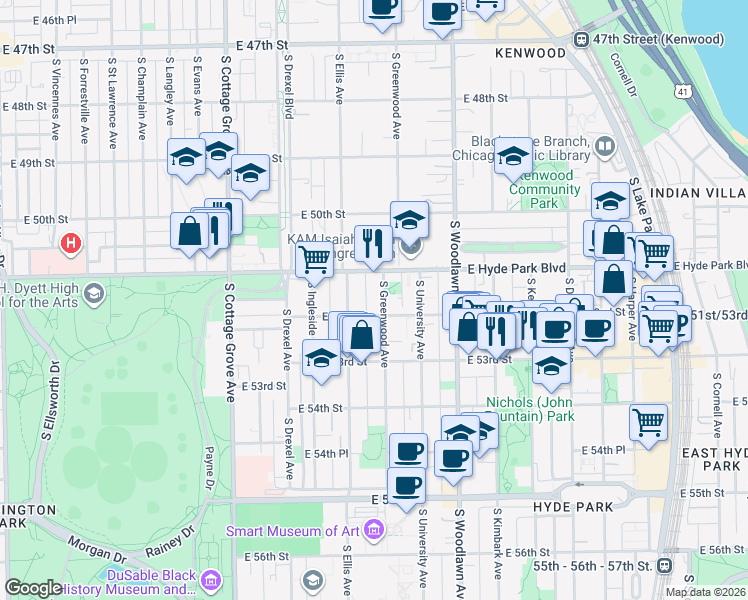 map of restaurants, bars, coffee shops, grocery stores, and more near 1031 East Hyde Park Boulevard in Chicago