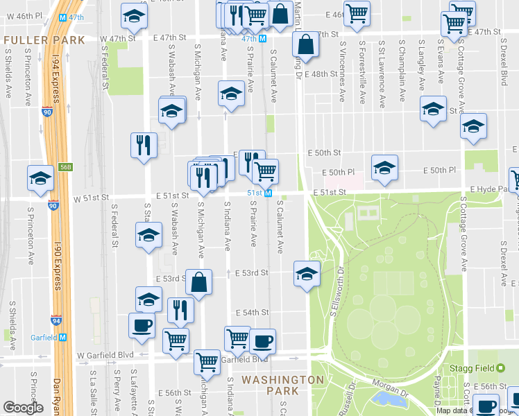 map of restaurants, bars, coffee shops, grocery stores, and more near 239 East 51st Street in Chicago