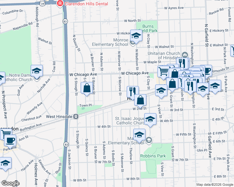 map of restaurants, bars, coffee shops, grocery stores, and more near 41 South Monroe Street in Hinsdale